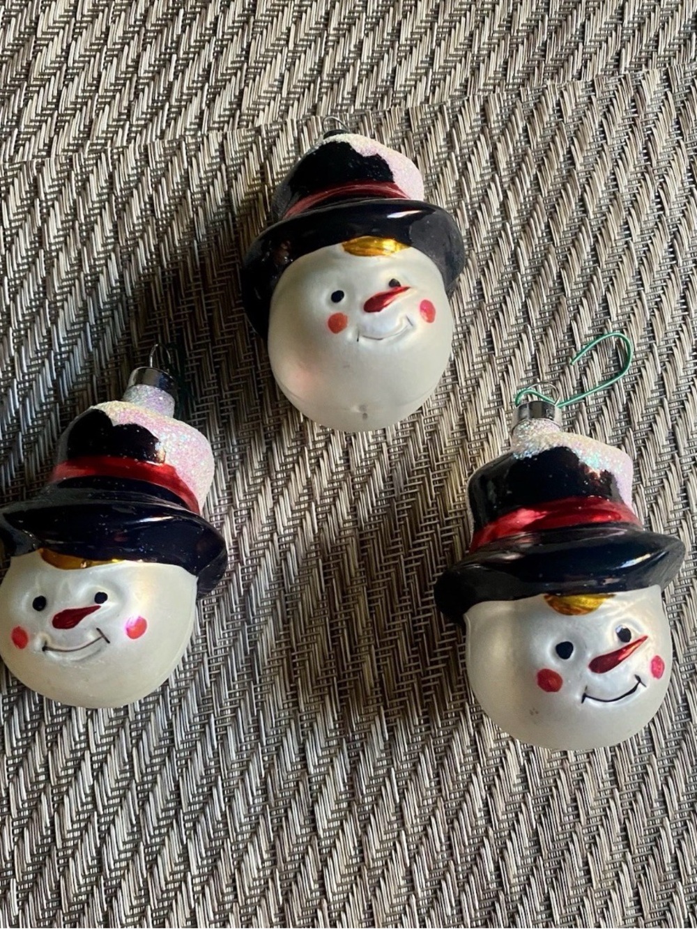 Vintage Blown Glass Snowman Head Christmas Ornaments Lot of 3 Glitter Top Hat